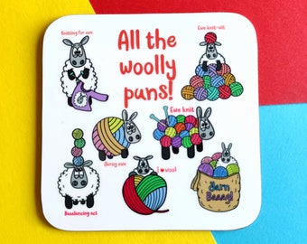 All the woolly puns! coaster | Fun sheep gift | Punny gift | Fun coaster | Knitting gift | Sheep gifts | Stocking filler | Secret santa gift