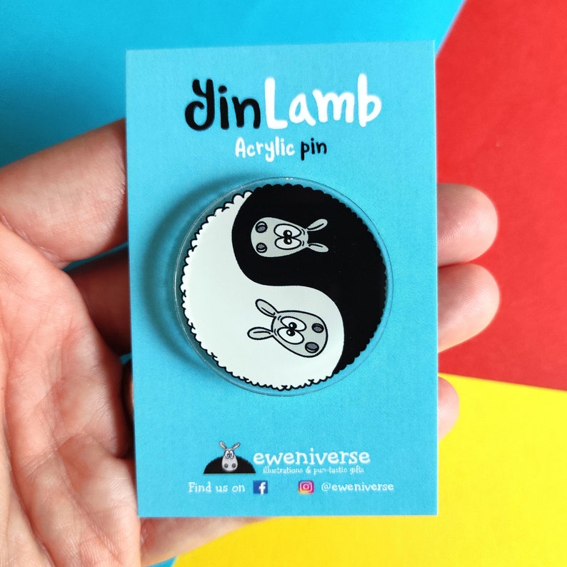 YinLamb Sheep acrylic pin, YinYang pin badge, Knitters gift,Knitting gift, lapel pin, Yarn bag badge, cute badge, Sheep gift, Yin Yang image 7