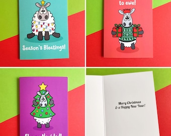 Punny Sheep Christmas Cards: Set of 3 A6 Holiday Greetings