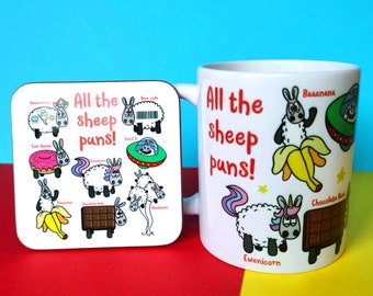 Mug & Coaster set - All The Sheep Puns! |  Fun sheep gift | Sheep Mug | Funny Gifts For Knitters | Punny gift | Fun mug | Punny cup