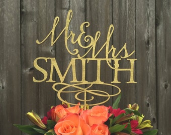 Custom Mr & Mrs Last Name Cake Topper, Script Wedding Decor