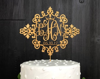 Custom Monogram Wedding Cake Topper comes in Gold Silver Rose Gold or Natural Wood