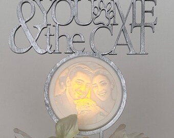 Custom Illuminated Lithophane Cake Topper: Personalized Photo, Laser Cut Wood, Cat Lover