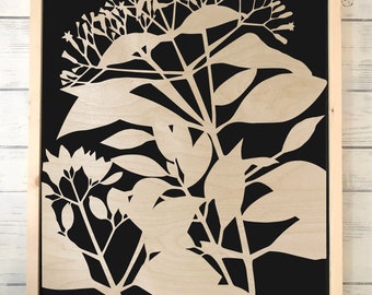 Botanical Floral Abstract Art B | Unique Black, Teal and Deep Orange laser cut designs | Wooden art work | Unique art|