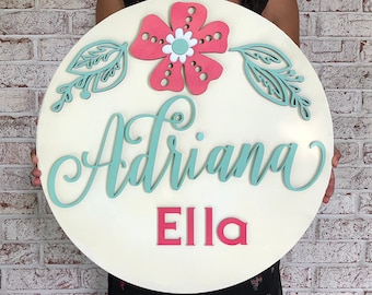 Round Wood Name Sign Floral Nursery Decor Laser Cut
