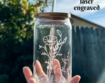 Personalized Birthday Glass, birth month flower, birth flower present, floral birthday gift, iced coffee cup, boho chic decor, aesthetic cup
