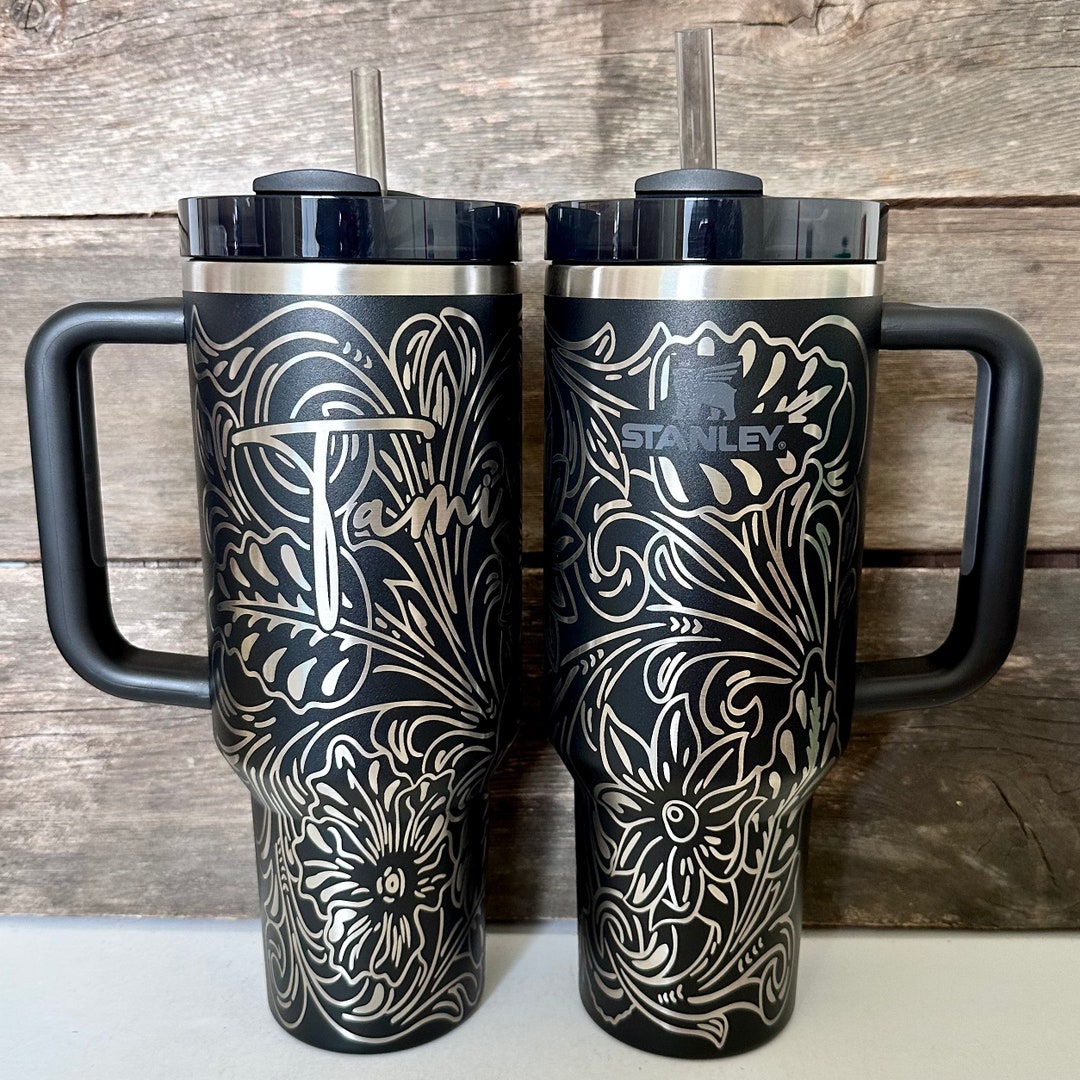 Engraved Tumbler, 40oz With Handle, Western Cup, Tooled Leather Tumbler