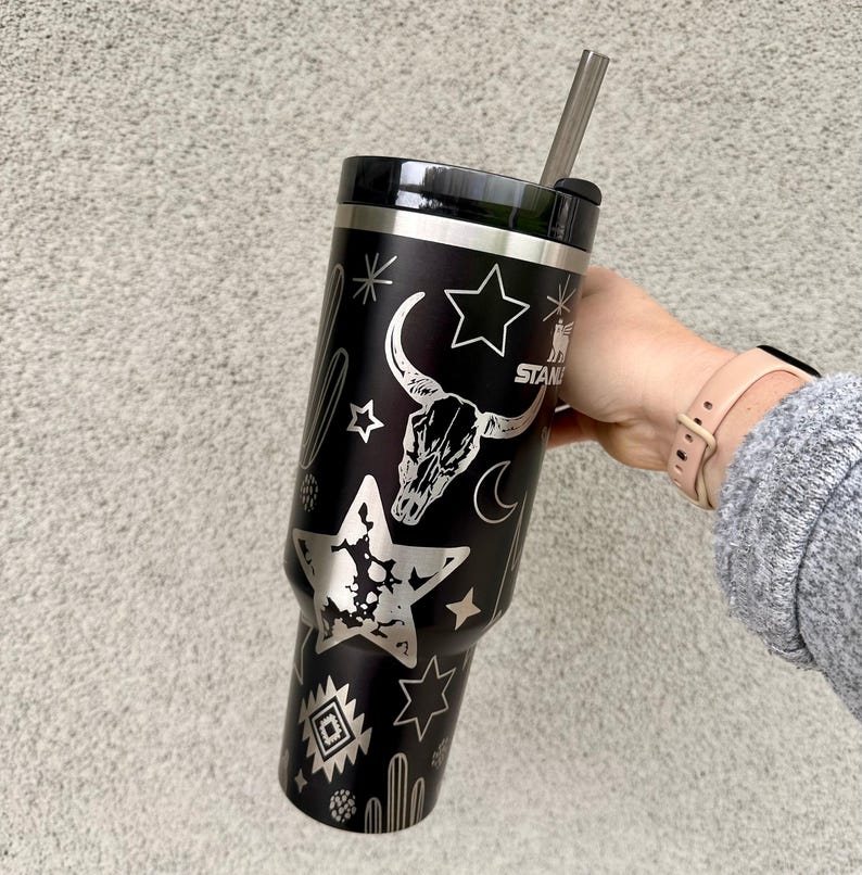 Engraved Tumbler, 40oz with handle, western cup, western mom, cow print tumbler, punchy, custom, southwest decor, longhorn, retro western image 2
