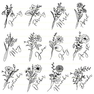 May include: Black and white line art illustrations of floral bouquets representing each month of the year. January features a bouquet of snowdrops, February features a bouquet of pansies, March features a bouquet of daffodils, April features a bouquet of daisies, May features a bouquet of lily of the valley, June features a bouquet of roses, July features a bouquet of water lilies, August features a bouquet of poppies, September features a bouquet of aster flowers, October features a bouquet of chrysanthemums, November features a bouquet of dahlias, and December features a bouquet of holly.