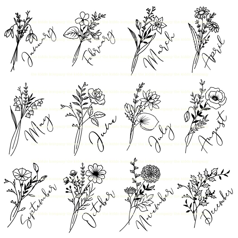 May include: Black and white line art illustrations of floral bouquets representing each month of the year. January features a bouquet of snowdrops, February features a bouquet of pansies, March features a bouquet of daffodils, April features a bouquet of daisies, May features a bouquet of lily of the valley, June features a bouquet of roses, July features a bouquet of water lilies, August features a bouquet of poppies, September features a bouquet of aster flowers, October features a bouquet of chrysanthemums, November features a bouquet of dahlias, and December features a bouquet of holly.