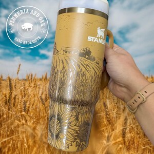 Wheat Field Tumbler, Engraved Tumbler, sunflower lover gift, personalized sunflower cup, barn cup, barn landscape, midwest farm, farmer gift image 2