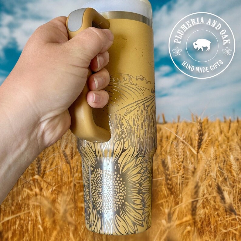 Wheat Field Tumbler, Engraved Tumbler, sunflower lover gift, personalized sunflower cup, barn cup, barn landscape, midwest farm, farmer gift image 5