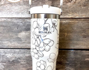 Cherry Blossom Tumbler, Engraved Tumbler, tumbler with handle, sakura blossom, flower lover cup, personalized tumbler, flower blossom tree