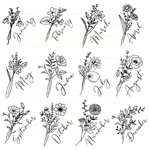 May include: Black and white line art illustrations of floral bouquets representing each month of the year. January features a bouquet of snowdrops, February features a bouquet of pansies, March features a bouquet of daffodils, April features a bouquet of daisies, May features a bouquet of lily of the valley, June features a bouquet of roses, July features a bouquet of water lilies, August features a bouquet of poppies, September features a bouquet of asters, October features a bouquet of chrysanthemums, November features a bouquet of carnations, and December features a bouquet of holly.
