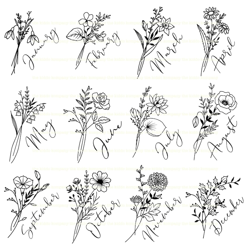 May include: Black and white line art illustrations of floral bouquets representing each month of the year. January features a bouquet of snowdrops, February features a bouquet of pansies, March features a bouquet of daffodils, April features a bouquet of daisies, May features a bouquet of lily of the valley, June features a bouquet of roses, July features a bouquet of water lilies, August features a bouquet of poppies, September features a bouquet of asters, October features a bouquet of chrysanthemums, November features a bouquet of carnations, and December features a bouquet of holly.