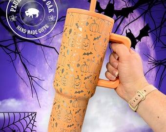 Halloween Tumbler, Engraved Tumbler, pumpkin cup, spooky decor, bat mug, pumpkin lover gift, jackolantern, fall harvest, spooky season
