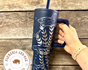 Shark Tumbler, Engraved Tumbler, ocean cup, 40oz tumbler with handle, ocean lover, save the sharks, scuba diver, hammerhead, great white