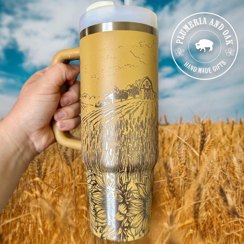 Wheat Field Tumbler, Engraved Tumbler, sunflower lover gift, personalized sunflower cup, barn cup, barn landscape, midwest farm, farmer gift image 3