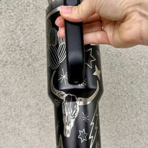 Engraved Tumbler, 40oz with handle, western cup, western mom, cow print tumbler, punchy, custom, southwest decor, longhorn, retro western image 4