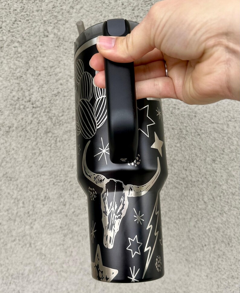 Engraved Tumbler, 40oz with handle, western cup, western mom, cow print tumbler, punchy, custom, southwest decor, longhorn, retro western image 4