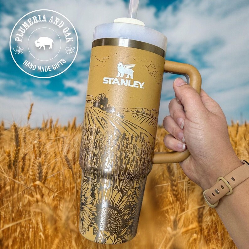 Wheat Field Tumbler, Engraved Tumbler, sunflower lover gift, personalized sunflower cup, barn cup, barn landscape, midwest farm, farmer gift image 1