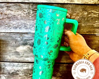 Summer Tumbler, Engraved Tumbler, flamingo cup, monstera lover, beach ball, palm tree water bottle, 40 oz with handle, tropical tumbler