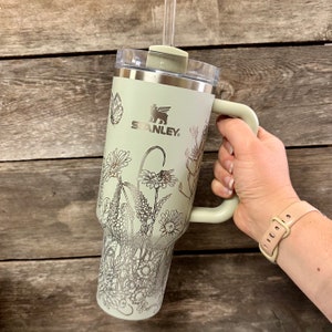 Wildflower Tumbler, Engraved Tumbler, tumbler with handle, butterfly cup, vintage garden gift, flower garden mug, wildflower baby shower