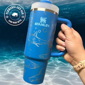 Shark Tumbler, Engraved Tumbler, ocean cup, 40oz tumbler with handle, ocean lover, save the sharks, scuba diver, hammerhead, great white