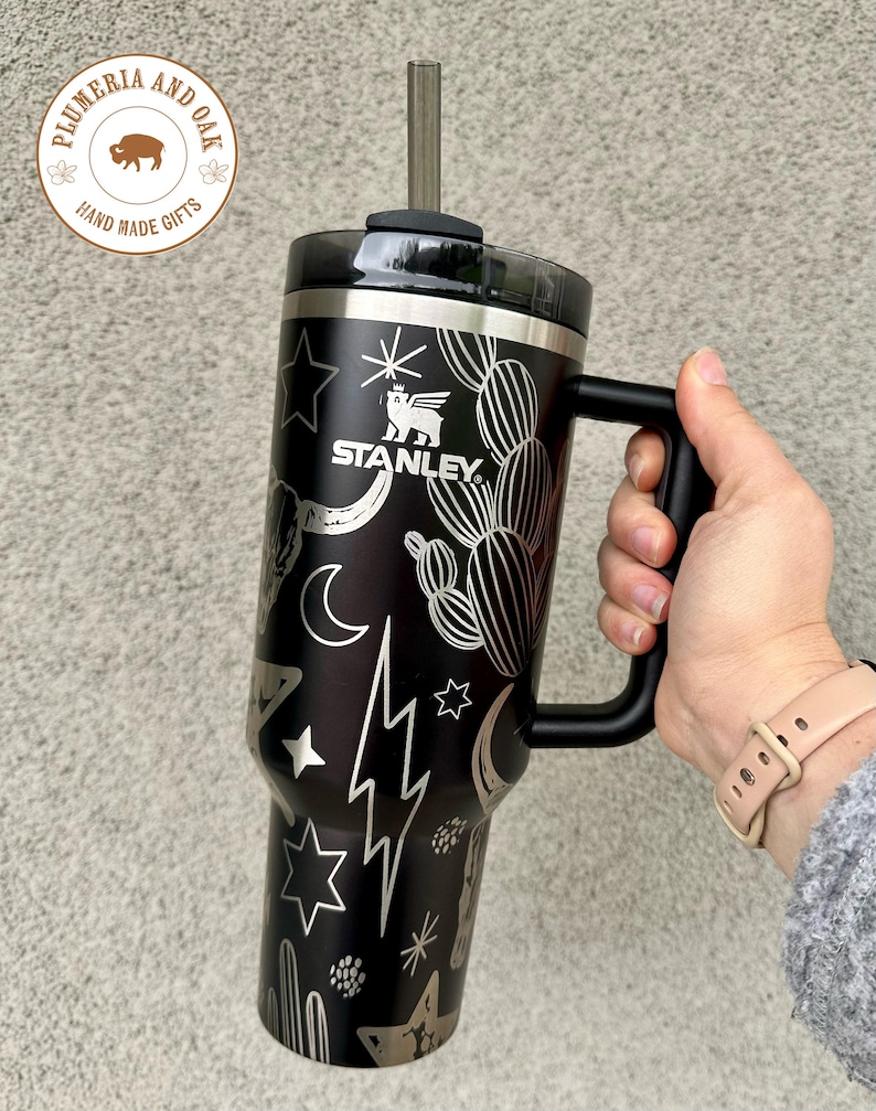 Engraved Tumbler, 40oz with handle, western cup, western mom, cow print tumbler, punchy, custom, southwest decor, longhorn, retro western image 1