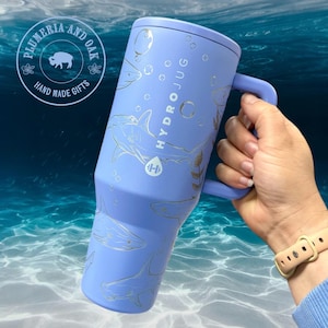 Shark Tumbler, Engraved Tumbler, ocean cup, 40oz tumbler with handle, ocean lover, save the sharks, scuba diver, hammerhead, great white