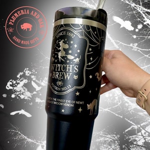 Witch&#39;s Brew Tumbler, Engraved Tumbler, halloween cup, spooky decor, witchy tumbler, spider web cup, flying witch, spooky bat, black cat cup