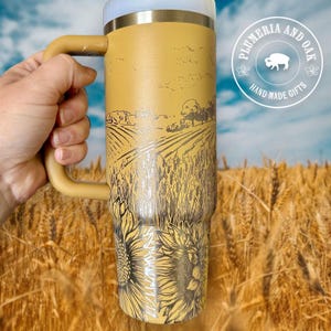 Wheat Field Tumbler, Engraved Tumbler, sunflower lover gift, personalized sunflower cup, barn cup, barn landscape, midwest farm, farmer gift image 4