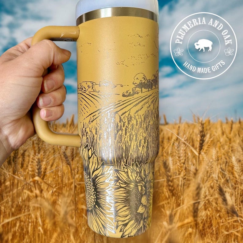 Wheat Field Tumbler, Engraved Tumbler, sunflower lover gift, personalized sunflower cup, barn cup, barn landscape, midwest farm, farmer gift image 4