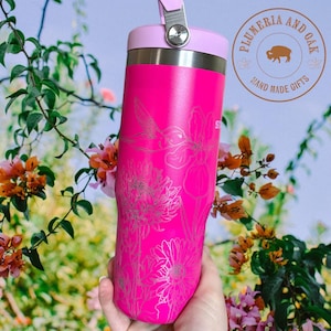 Hummingbird Tumbler, Engraved Tumbler, flower garden lover, garden cup, flower bird, boho spring, spring garden gift, Mother's Day tumbler image 1