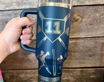 Baseball Tumbler, Engraved Tumbler, team mom gift, baseball player cup, strikeout, end of season gift, personalized travel mug, kids number