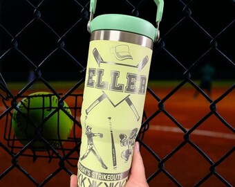 Softball Player Tumbler, Engraved Tumbler, team mom gift, softball cup, strikeout, end of season gift, personalized travel mug, kids number