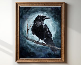 May include: A framed oil painting featuring a black crow perched on a thin, bare branch. The bird is set against a swirling, dark blue and white background that resembles a moonlit sky. The artwork is enclosed in a simple, medium-toned wooden frame.