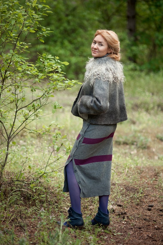 Felted Jacket Eco Design Eco Fur Collar Felted Coat Boho Wool Jacket Boiled Wool Jacket Unique Design OOAK Woolen Jacket Woolen Coat Etsy