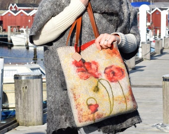 Art bag, shoulder bag, tote bag, Poppy bag, felt bag, boiled wool bag, gift for her, OOAK bag, Valentine day gift, Christmas