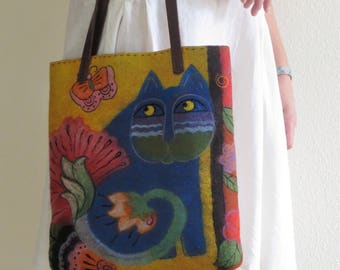 Art bag, Felted shoulder bag, Cat in blue bag, felt bag, tote bag, boiled wool bag, gift for her, OOAK bag, WoolDreamer