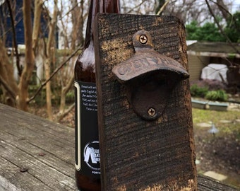 Reclaimed Barn Wood, Antique Appearance, Cast Iron Bottle Opener with Magnetic Base. Unique gift.