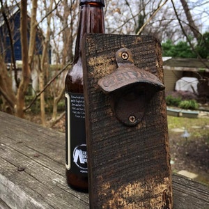 Reclaimed Barn Wood, Antique Appearance, Cast Iron Bottle Opener with Magnetic Base. Unique gift.