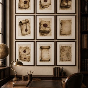 May include: A gallery wall arrangement of nine framed prints featuring sepia-toned illustrations of aged parchment, scrolls, and envelopes sealed with red wax. Each print is encased in a dark brown frame, displayed in a three-by-three grid pattern.