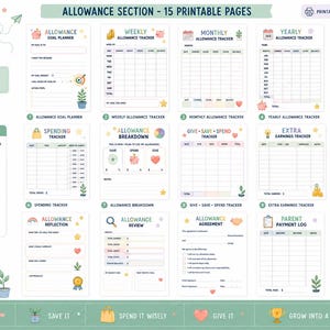 Ensemble de suivi de l'argent de poche des enfants | Fiches de gestion financière, planificateur d'éducation financière (téléchargement PDF)