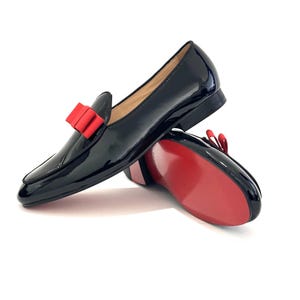Merlutti Black Patent Red Bowtie Wedding Tuxedo Flat