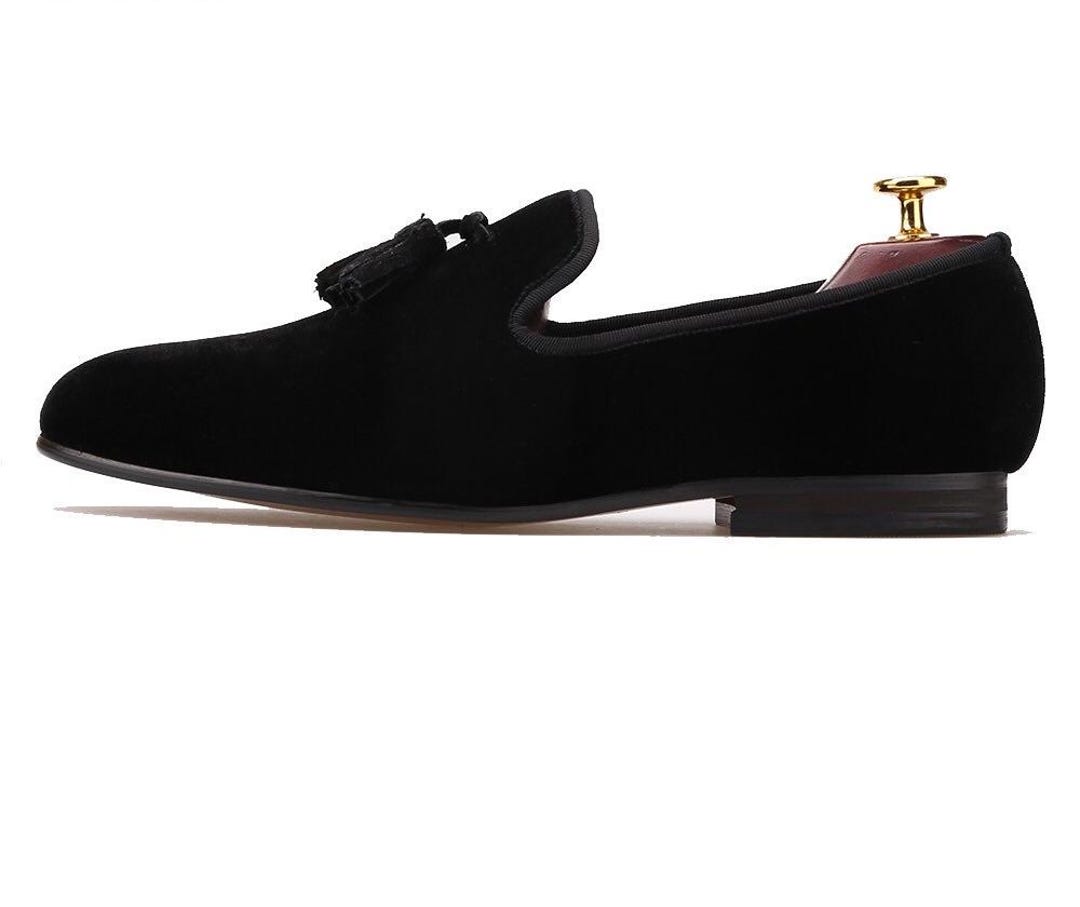 Merlutti handmade black velvet tassel men\'s smoking loafers size 8 wedding prom Black Velvet Gold Tassel Loafer - Merlutti main image 4