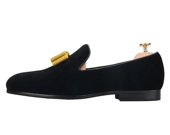 Merlutti Black Velvet Gold Bowtie Wedding Prom Loafers