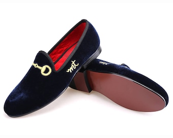 Merlutti Navy Blue Velvet Loafers Embroidered Flat