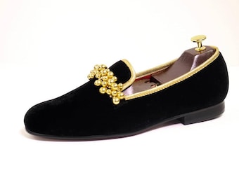 Merlutti Black Velvet Gold Beading Loafer