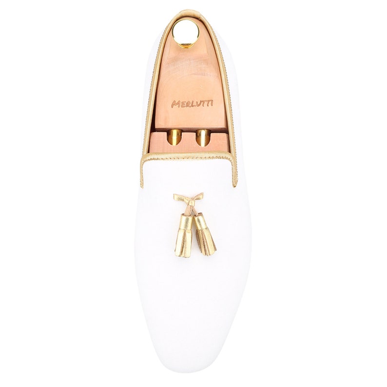 Merlutti White Velvet Loafer Gold Tassel Prom Wedding Flat image 4